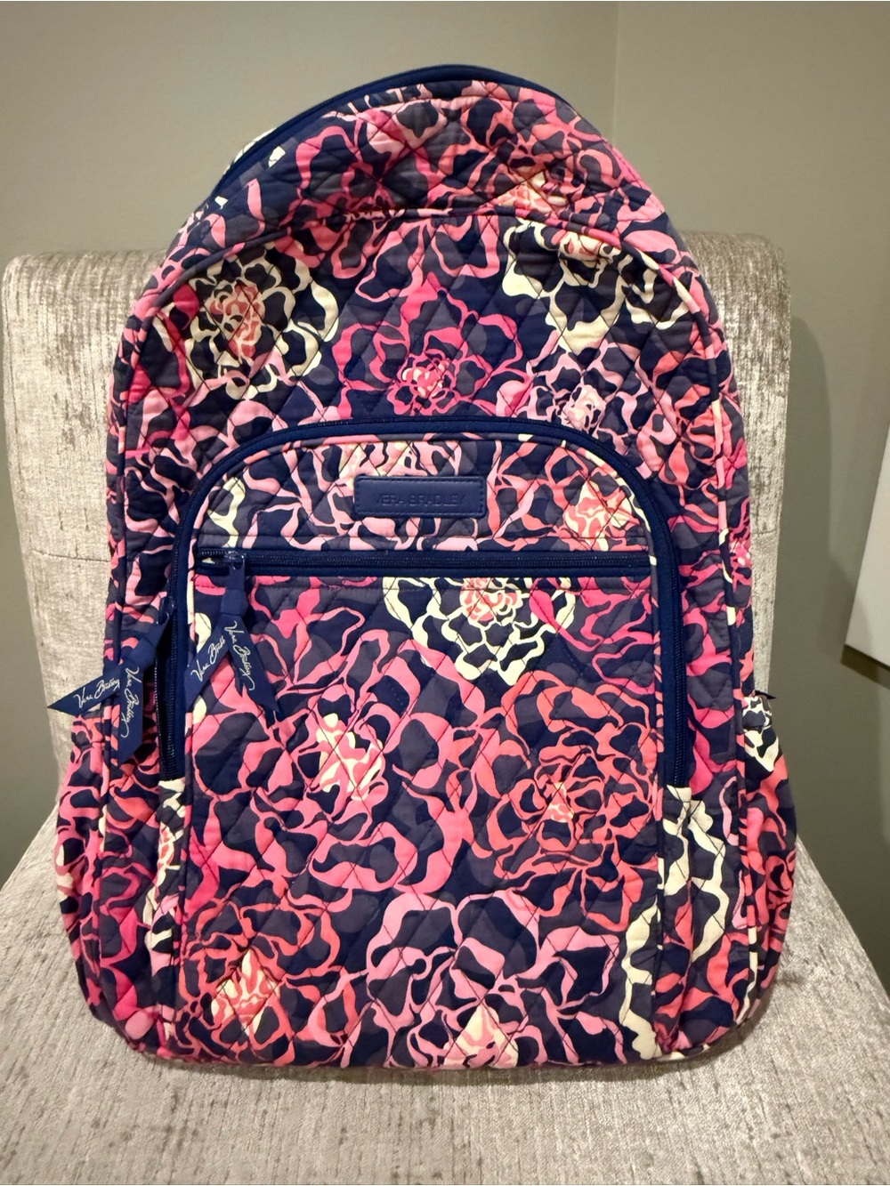 Vera Bradley Campus Backpack Pink Navy Floral Quilted Cotton Travel School Bag